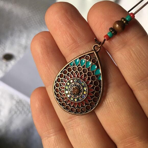 Boho brass tone colorful medallion earrings - Picture 6 of 6